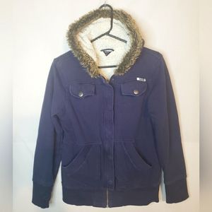 ROXY Blue White Jacket Hoodie Fur Trim Zipper Winter Snap Buttons Size M